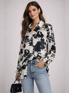 Zara Black and White Floral Print Satin Blouse